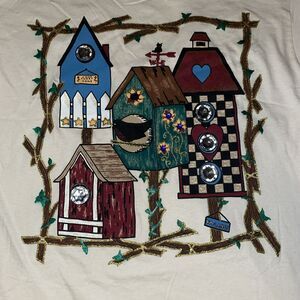 VTG Power Pro Oneita Ivory 100% Cotton Jeweled Bird Houses TShirt Womens Size L